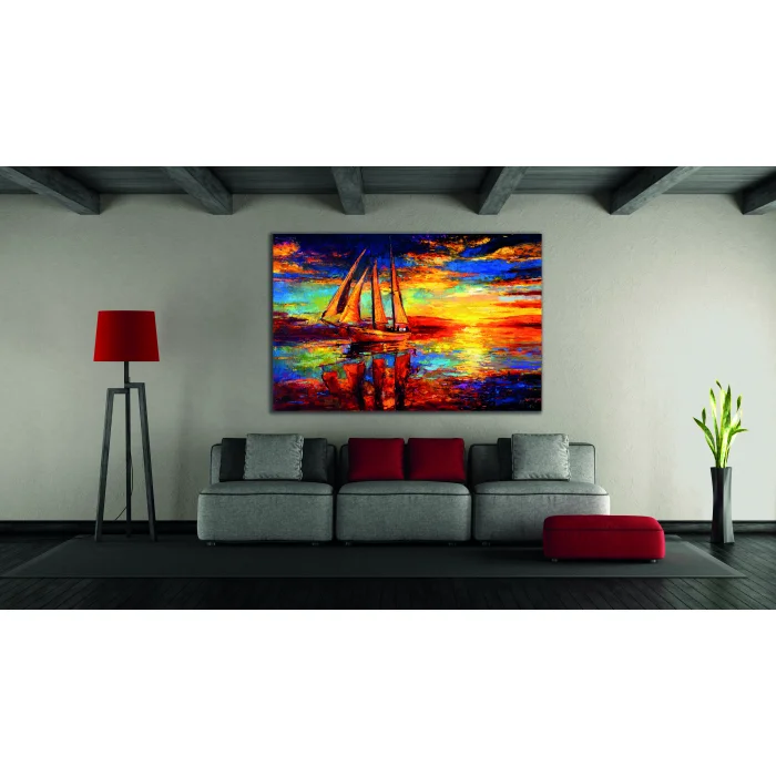 YAĞLI BOYA GÖRÜNÜMLÜ YELKENLİ KANVAS TABLO