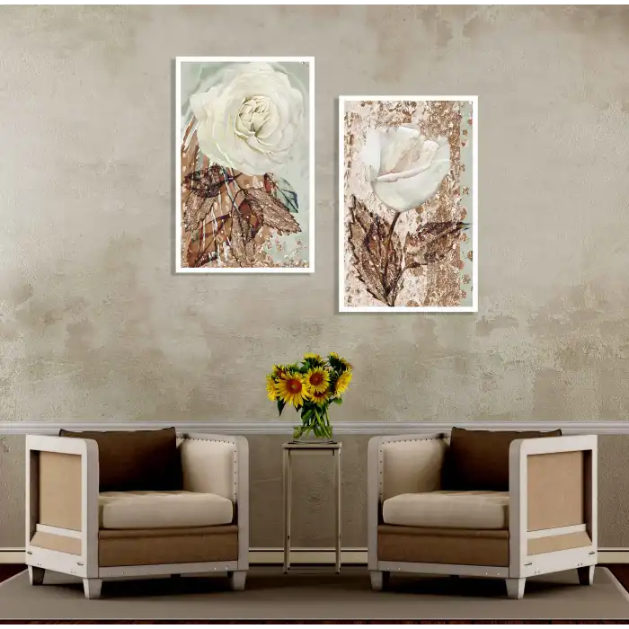 2 Parça Beyaz Gül Çerçeveli Ahşap Tablo Seti