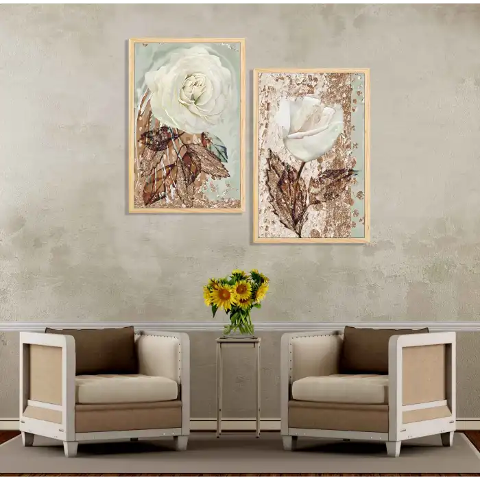 2 Parça Beyaz Gül Çerçeveli Ahşap Tablo Seti