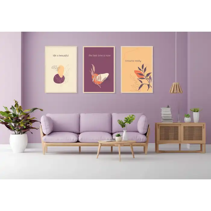 3lü Dekoratif Çerçeveli Tablo Life , Ev Dekoru , Soyut Tablo , Ahşap Tablo