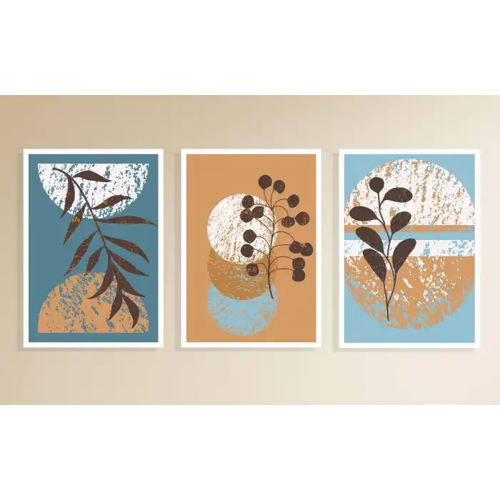 3lü Dekoratif Çerçeveli Tablo Mavi , Ev Dekoru , Soyut Tablo , Ahşap Tablo