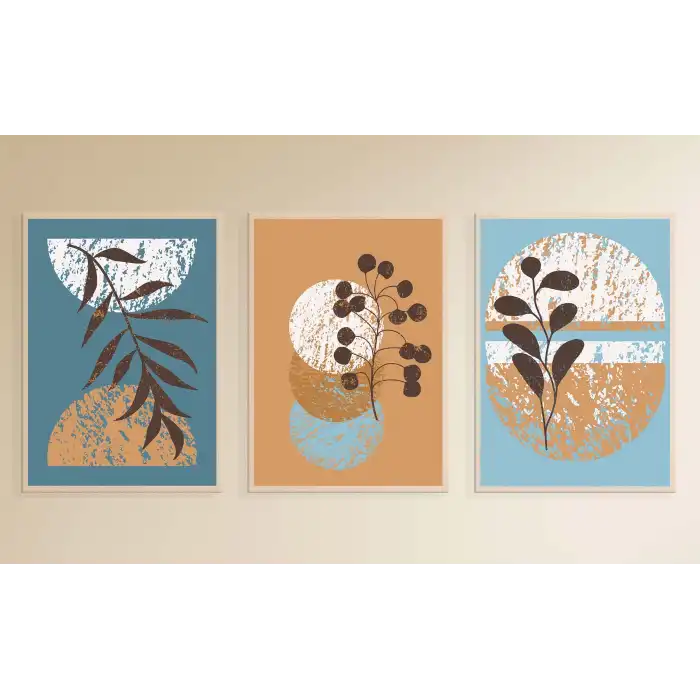 3lü Dekoratif Çerçeveli Tablo Mavi , Ev Dekoru , Soyut Tablo , Ahşap Tablo