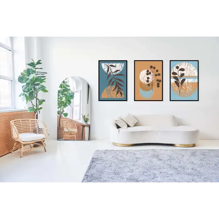 3lü Dekoratif Çerçeveli Tablo Mavi , Ev Dekoru , Soyut Tablo , Ahşap Tablo