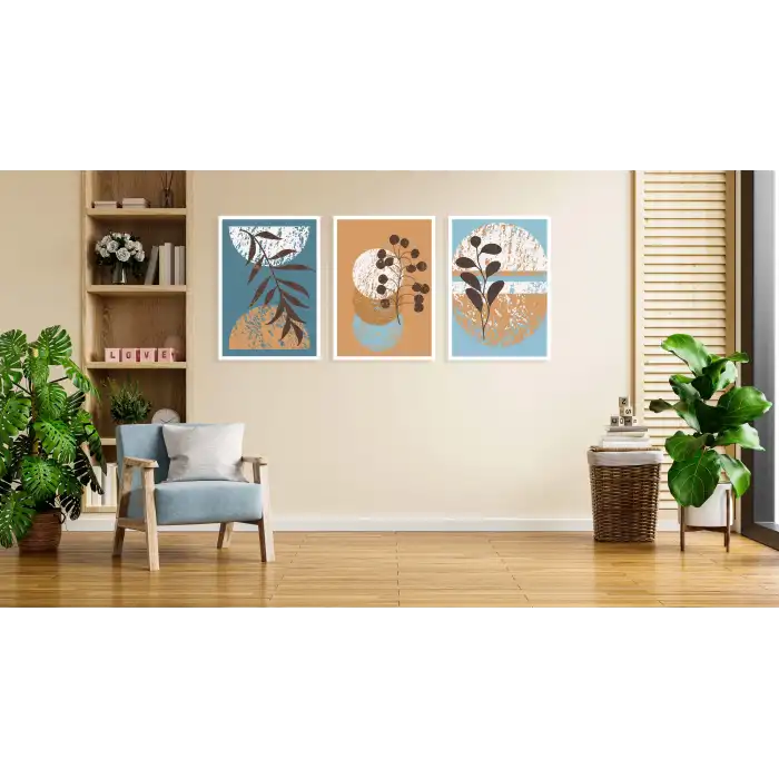 3lü Dekoratif Çerçeveli Tablo Mavi , Ev Dekoru , Soyut Tablo , Ahşap Tablo