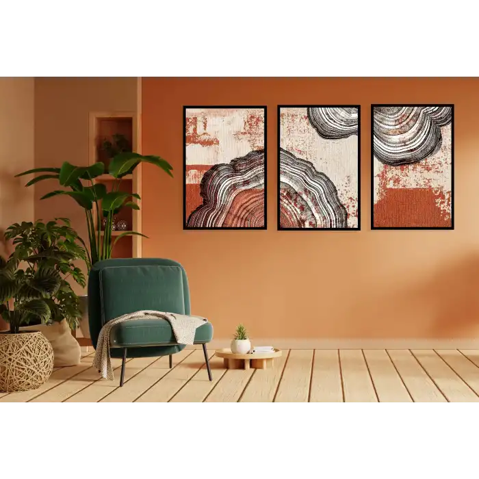 3lü Dekoratif Desenli Çerçeveli Tablo , Ev Dekoru , Soyut Tablo , Ahşap Tablo