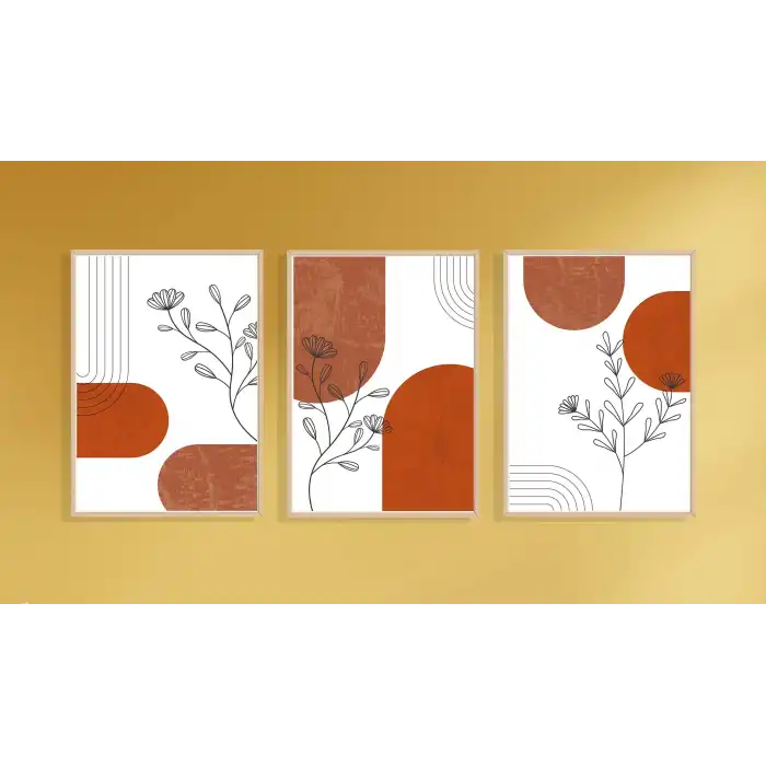 3lü Dekoratif Modern Yaprak Çerçeveli Tablo , Ev Dekoru , Soyut Tablo , Ahşap Tablo