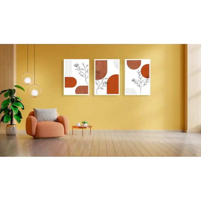 3lü Dekoratif Modern Yaprak Çerçeveli Tablo , Ev Dekoru , Soyut Tablo , Ahşap Tablo