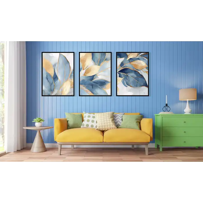3lü Gold Dekoratif Çerçeveli Tablo Life , Ev Dekoru , Soyut Tablo , Ahşap Tablo