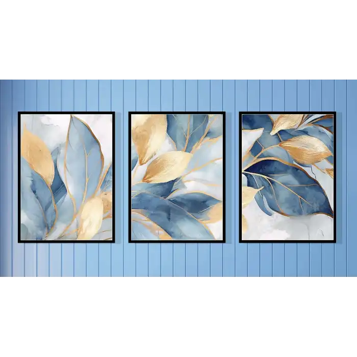 3lü Gold Dekoratif Çerçeveli Tablo Life , Ev Dekoru , Soyut Tablo , Ahşap Tablo