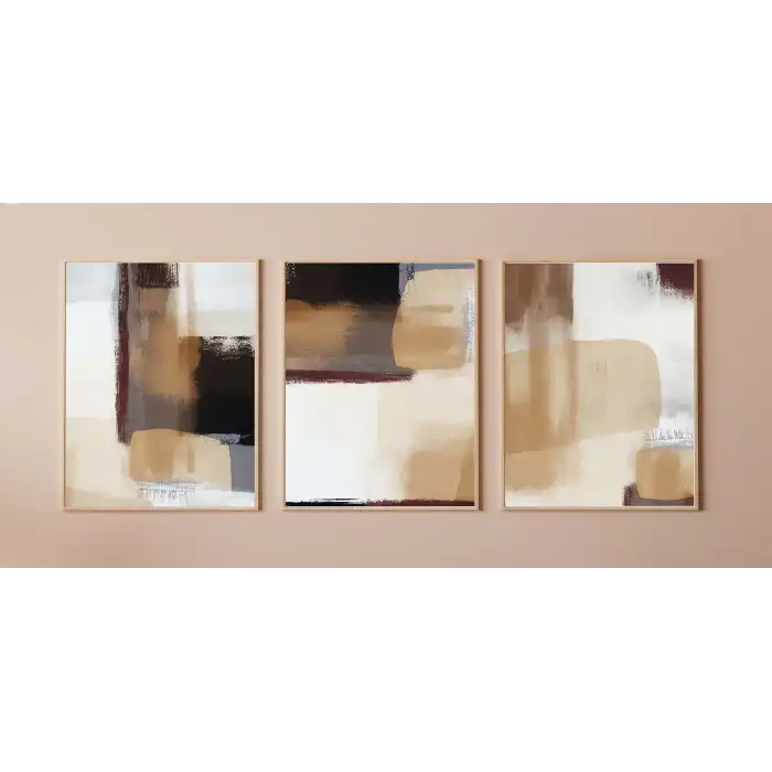 3lü Krem, Soyut Çerçeveli Tablo Life , Ev Dekoru , Soyut Tablo , Ahşap Tablo
