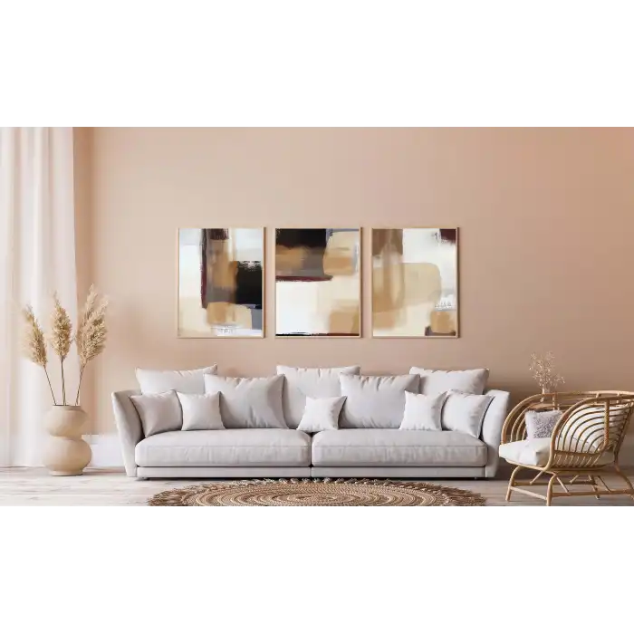 3lü Krem, Soyut Çerçeveli Tablo Life , Ev Dekoru , Soyut Tablo , Ahşap Tablo