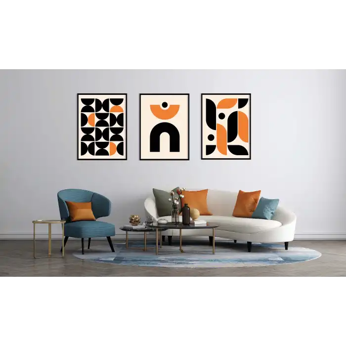 3lü Turuncu Dekoratif Çerçeveli Ahşap Tablo , Ev Dekoru , Soyut Tablo , Ahşap Tablo