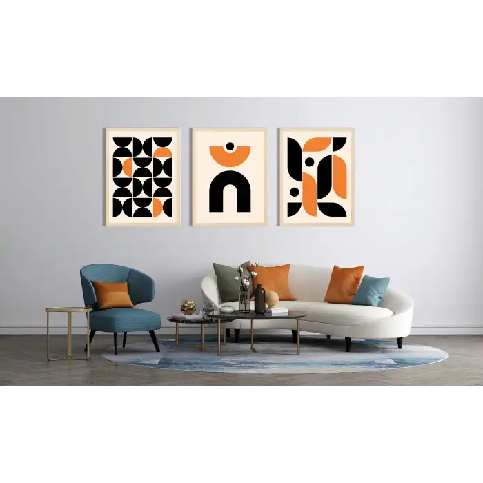 3lü Turuncu Dekoratif Çerçeveli Ahşap Tablo , Ev Dekoru , Soyut Tablo , Ahşap Tablo
