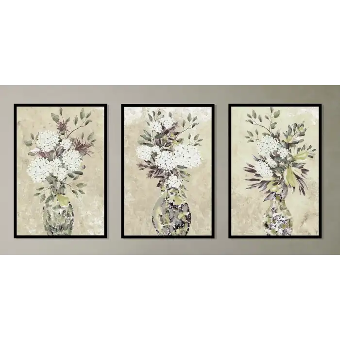 3lü Vazoda Çiçek Çerçeveli Tablo , Ev Dekoru , Soyut Tablo , Ahşap Tablo