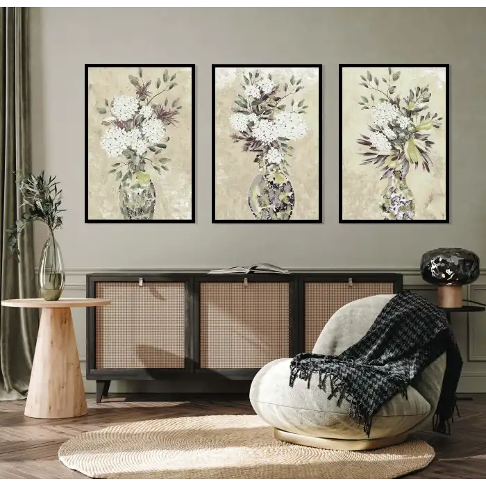 3lü Vazoda Çiçek Çerçeveli Tablo , Ev Dekoru , Soyut Tablo , Ahşap Tablo