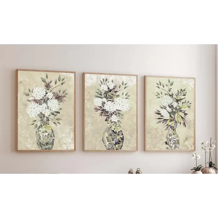 3lü Vazoda Çiçek Çerçeveli Tablo , Ev Dekoru , Soyut Tablo , Ahşap Tablo