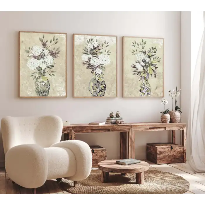 3lü Vazoda Çiçek Çerçeveli Tablo , Ev Dekoru , Soyut Tablo , Ahşap Tablo