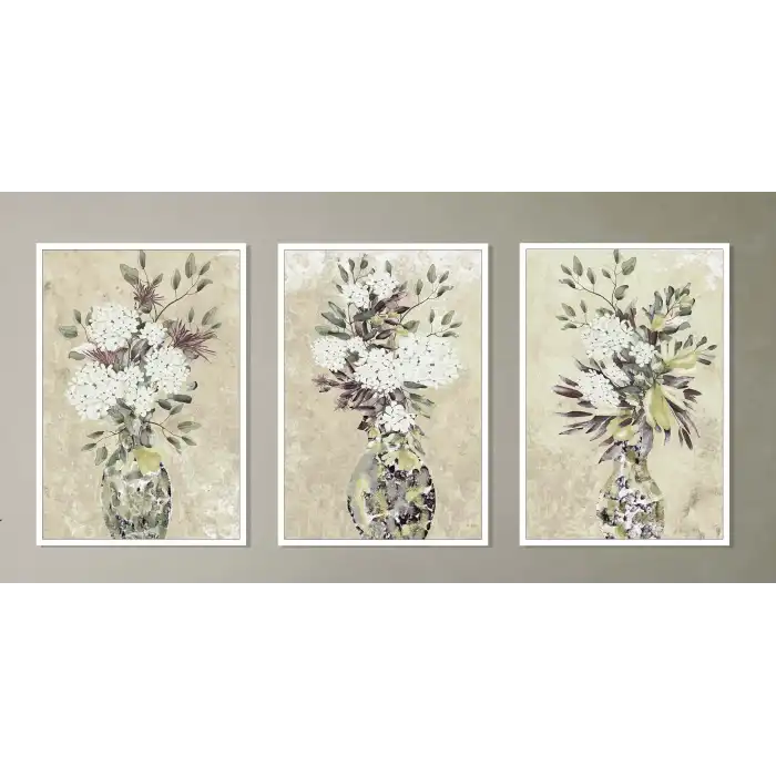 3lü Vazoda Çiçek Çerçeveli Tablo , Ev Dekoru , Soyut Tablo , Ahşap Tablo