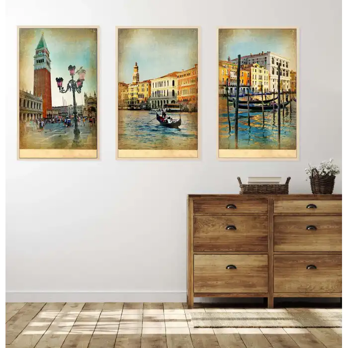 3lü Venedik Çerçeveli Tablo Life , Ev Dekoru , Soyut Tablo , Ahşap Tablo
