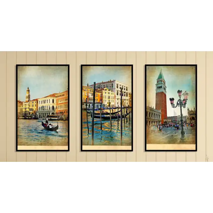 3lü Venedik Çerçeveli Tablo Life , Ev Dekoru , Soyut Tablo , Ahşap Tablo