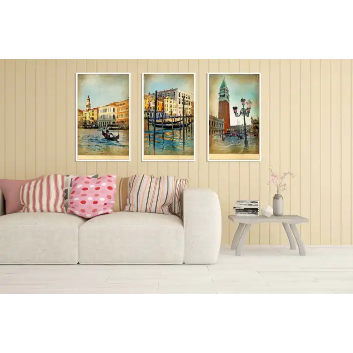 3lü Venedik Çerçeveli Tablo Life , Ev Dekoru , Soyut Tablo , Ahşap Tablo