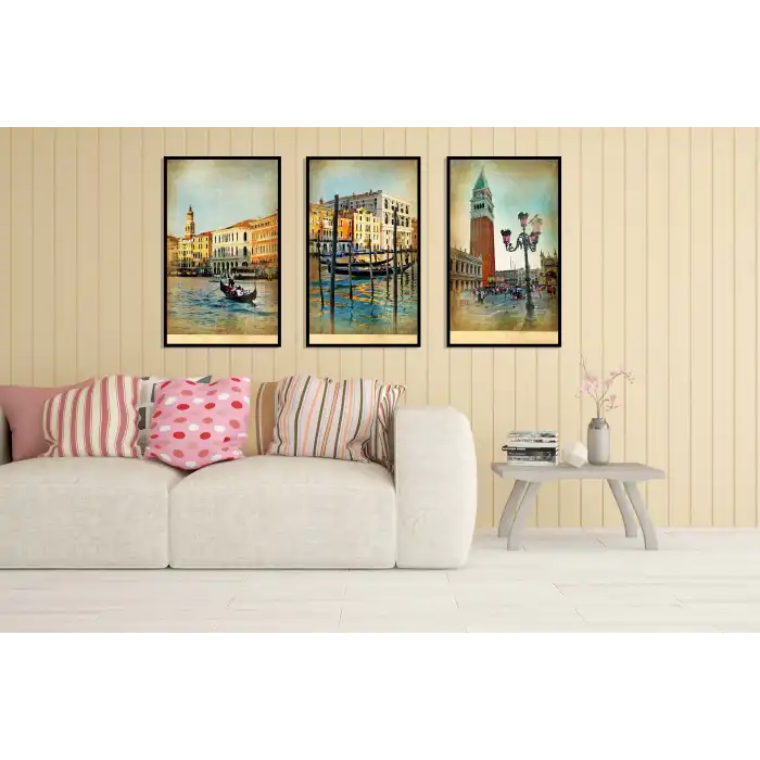 3lü Venedik Çerçeveli Tablo Life , Ev Dekoru , Soyut Tablo , Ahşap Tablo