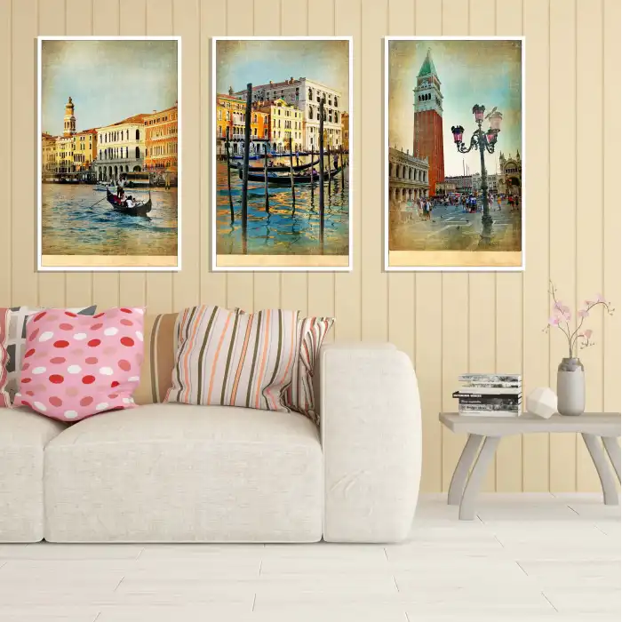 3lü Venedik Çerçeveli Tablo Life , Ev Dekoru , Soyut Tablo , Ahşap Tablo