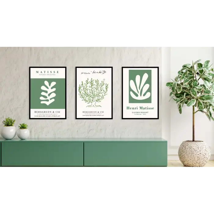 3lü Yeşil Matisse Çerçeveli Tablo , Ev Dekoru , Soyut Tablo , Ahşap Tablo