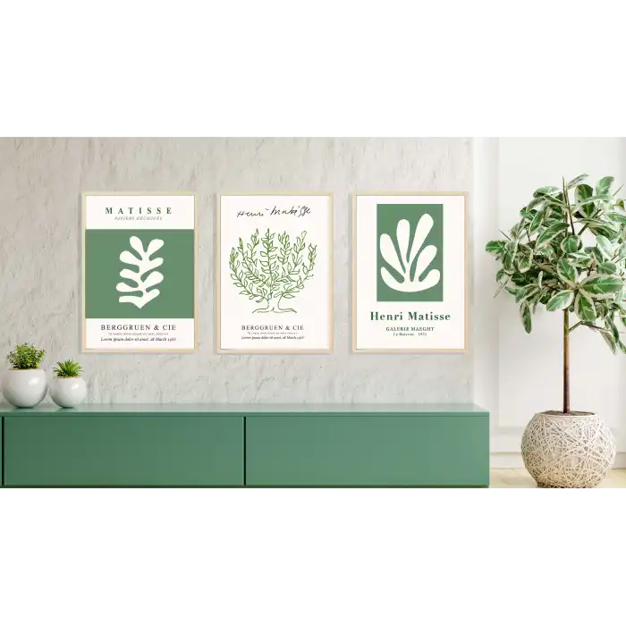 3lü Yeşil Matisse Çerçeveli Tablo , Ev Dekoru , Soyut Tablo , Ahşap Tablo