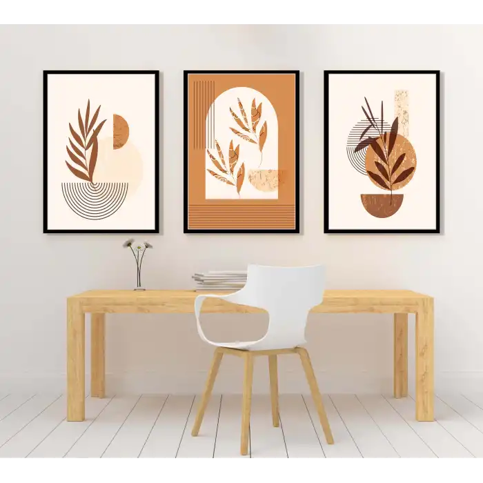 3 Parça Boho Çiçekler, Çerçeveli Ahşap Tablo Seti, Ev Dekoru