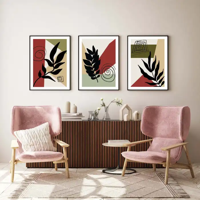 3 Parça Çerçeveli Bohem Ahşap Tablo Seti, Soyut Tablo, Ev Dekoru