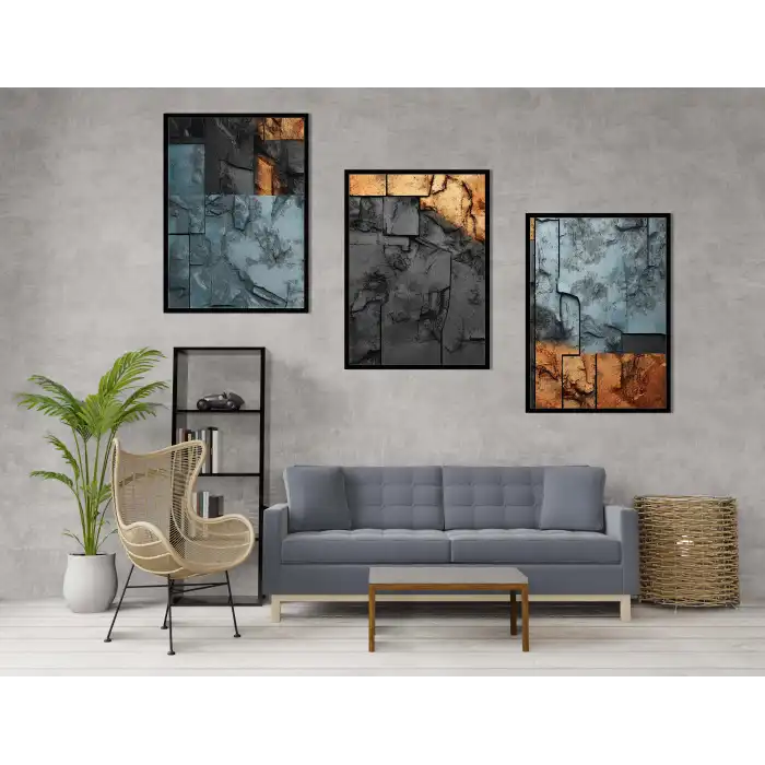 3 Parça Çerçeveli Dekoratif Ahşap Tablo seti, Ev Dekoru, Soyut Tablo