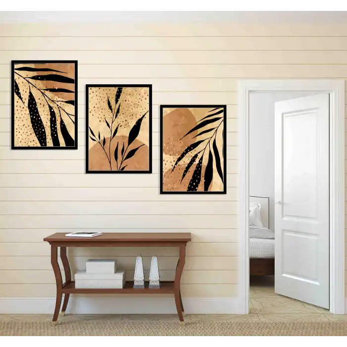 3 Parça Çerçeveli Dekoratif Boho Ahşap Tablo seti, Ev Dekoru, Soyut Tablo