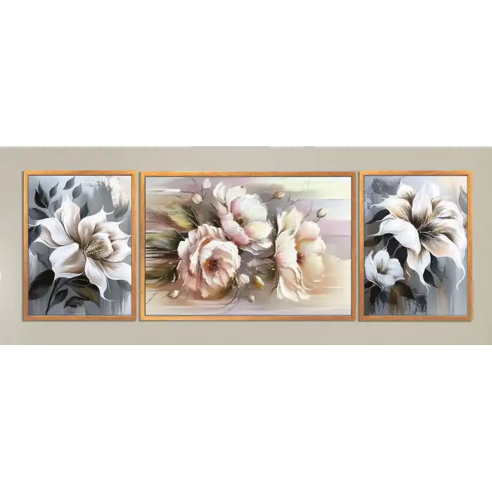 3 Parça Çerçeveli Dekoratif Çiçekler Ahşap Tablo seti, Ev Dekoru