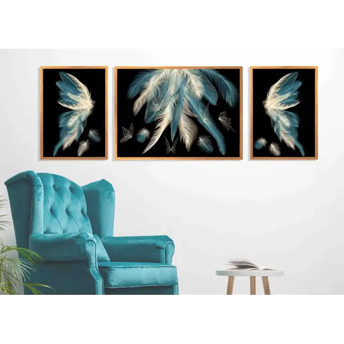 3 Parça Çerçeveli Dekoratif Kuş Tüyü Ahşap Tablo seti, Ev Dekoru