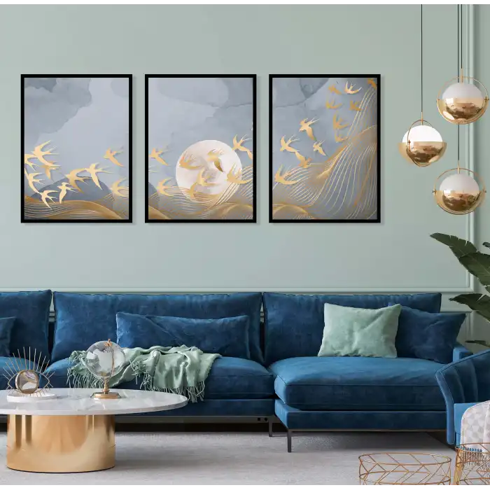 3 Parça Çerçeveli Soyut Ahşap Tablo Seti, Ev Dekoru