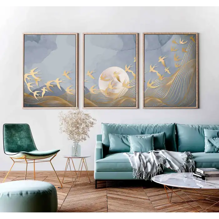 3 Parça Çerçeveli Soyut Ahşap Tablo Seti, Ev Dekoru