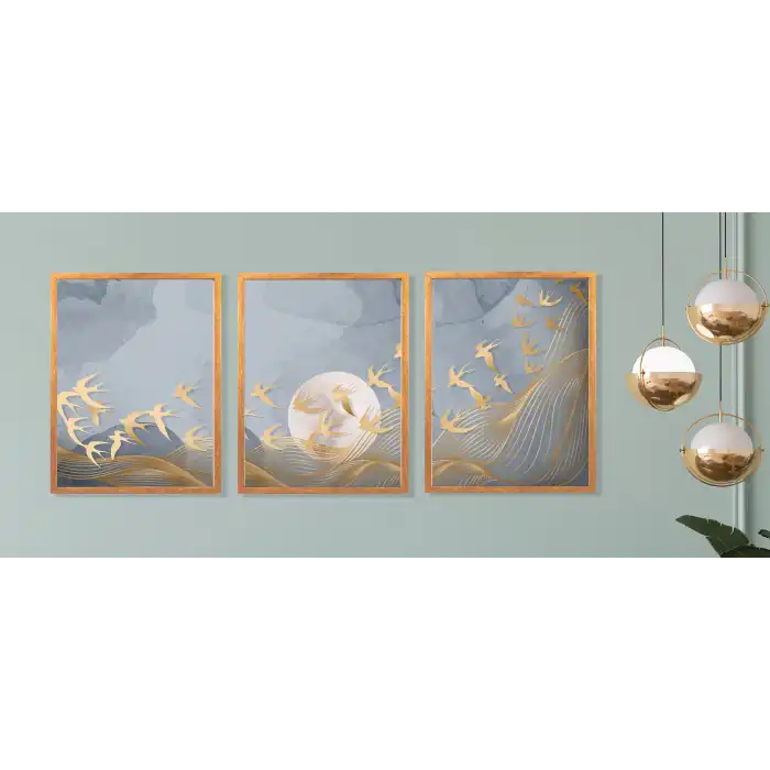 3 Parça Çerçeveli Soyut Ahşap Tablo Seti, Ev Dekoru