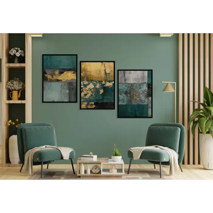 3 Parça Çerçeveli Soyut Ahşap Tablo Seti, Ev Dekoru, Çerçeveli Tablo