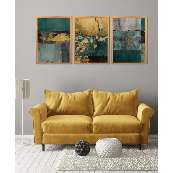 3 Parça Çerçeveli Soyut Ahşap Tablo Seti, Ev Dekoru, Çerçeveli Tablo