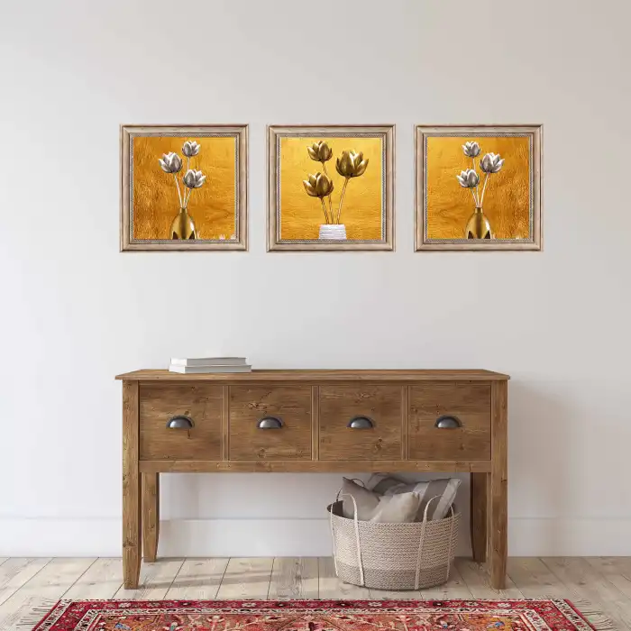 3 Parça Eskitme Çerçeveli Gümüş ve Altın Çiçekler Ahşap Tablo Seti, Ev Dekoru