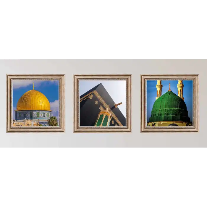 3 Parça Eskitme Çerçeveli Mescidi Haram, Aksa ,Nebevi Tablo Seti, Ev dekoru
