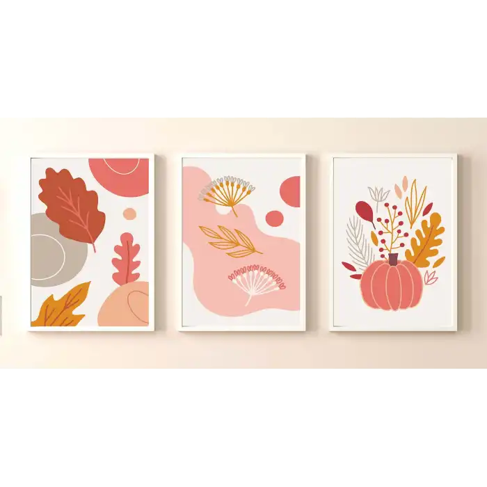 3 Parça Pembe Boho Çerçeveli Ahşap Tablo Seti