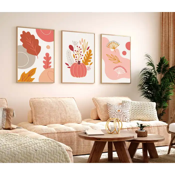 3 Parça Pembe Boho Çerçeveli Ahşap Tablo Seti