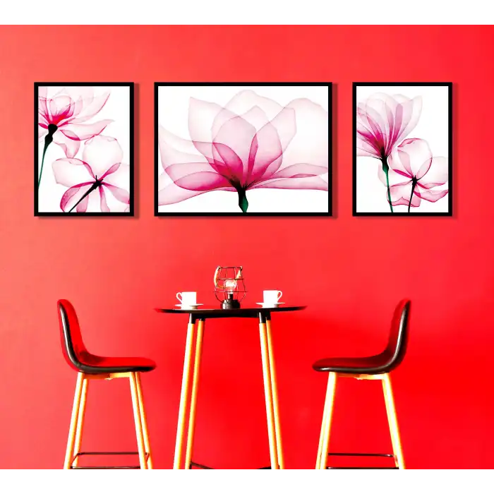 3 Parça Sulu Boya Dekoratif Çiçekler Çerçeveli Ahşap Tablo Seti