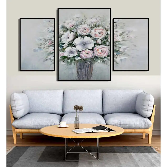 3 Parça Vazoda Dekoratif Çiçekler Çerçeveli Ahşap Tablo Seti