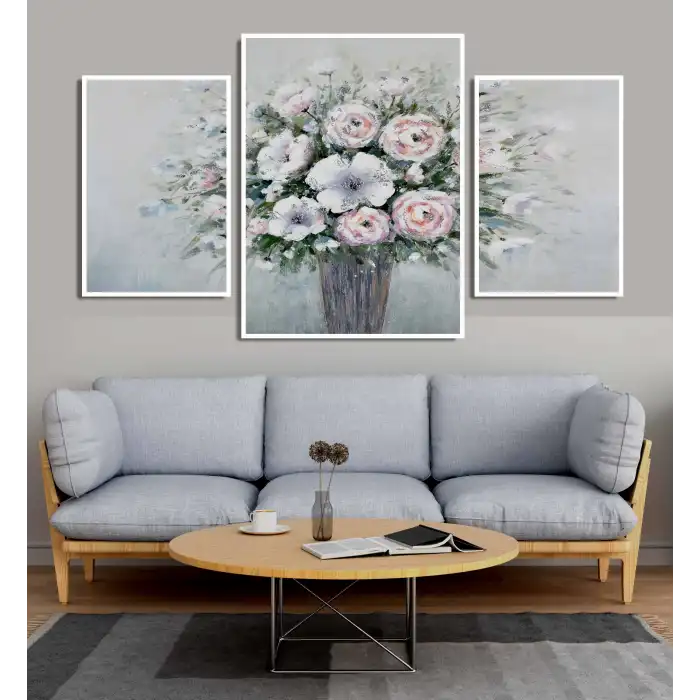 3 Parça Vazoda Dekoratif Çiçekler Çerçeveli Ahşap Tablo Seti