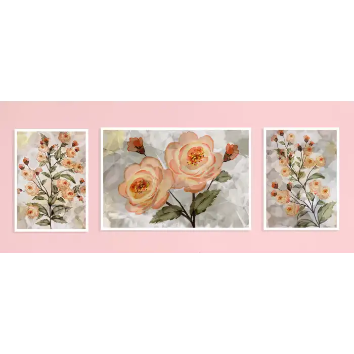 Açan Güller Çerçeveli Ahşap Tablo Seti, 3 Parça, Duvar Tablosu