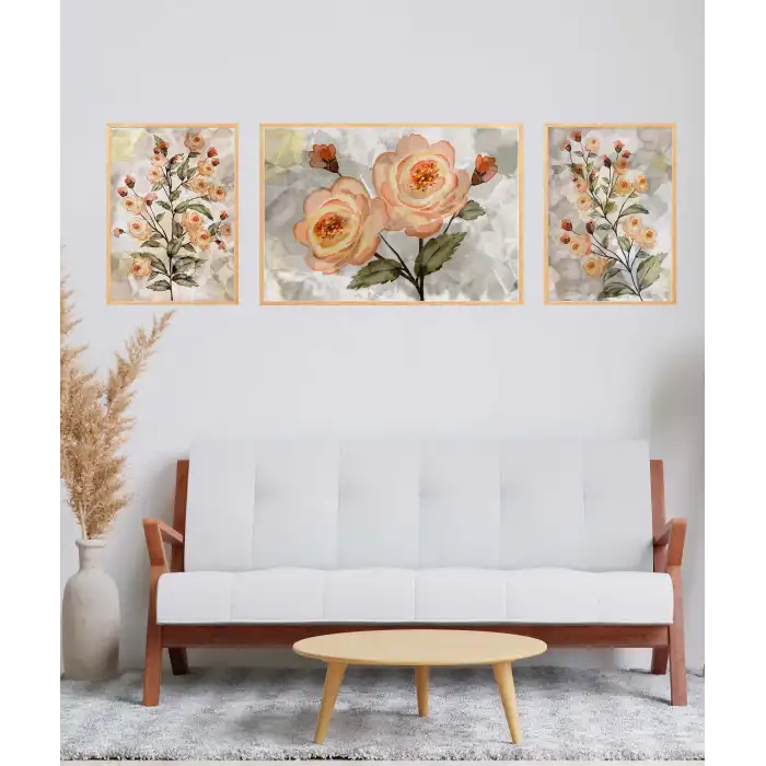 Açan Güller Çerçeveli Ahşap Tablo Seti, 3 Parça, Duvar Tablosu