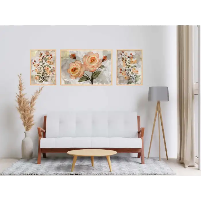 Açan Güller Çerçeveli Ahşap Tablo Seti, 3 Parça, Duvar Tablosu